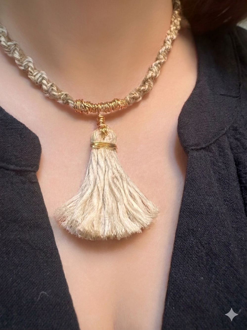 Neutral Cream Tassel Necklace with Gold Wire Accent